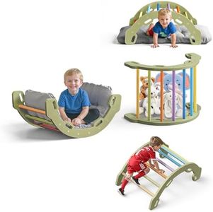 COSYLAND Kids Climber Arch Rocker with Cushion - Solid Wood Indoor Pikler Climbing Toys for Toddler with Handrails - Scentless Indoor Playground Arch Climbing Ladder (Green Frame, Rainbow Sticks)