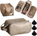 JMBF - Large Capacity Makeup Bag and 3 Free Puffs, Travel Cosmetic Bag with Handle and Divider Flat Lay Organizer Portable Toiletry Bag, Makeup Storage Brush for Women (Beige)