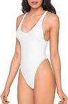 RELLECIGA Women's White High Cut Low Back One Piece Thong Swimsuit for Women Size Medium