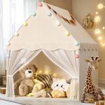 EagleStone Kids Play Tent with Star Light and Padded Mat, Playhouse for Kids, Neutral Color Play Room Furniture, Indoor Bed Tent Gift Toys for Toddle,Boys, Girls, Youth, Teens (White)