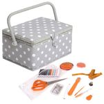 Hobby Gift Medium Sewing Box Organiser Kit with Handle - Cotton Basket Sewing Storage Box, Craft Storage Boxes with Compartments for Tools & Accessories - 18.5 x 25.5 x 14.5cm, Grey Polka Dot