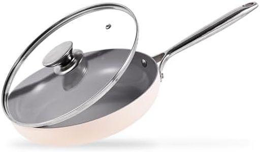 JEETEE Nonstick Frying Pan with Lid, 8" (20cm) Ceramic Egg Omelette Pan W/Stainless Steel Handle, Non Toxic Skillet, PFAS-Free, Oven Safe, Compatible W/All Stovetop, Beige