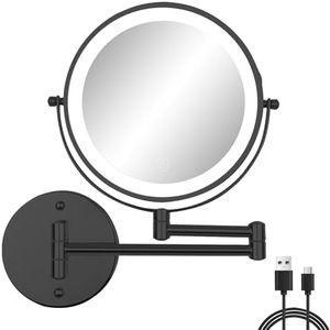 FFowcye Rechargeable Wall Mounted Lighted Makeup Mirror, 8" Double-Sided Magnifying Vanity Mirror 1X/10X, 3 Color Touch Screen Dimmable Shaving Mirror, 360° Rotation Foldable Bathroom Mirror, Black