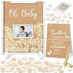 Thyle 65 Pcs Baby Shower Guest Book Alternative He or She Gender Reveal Baby Shower Favors Baby Shower Sign in Guest Book with 60 Wooden Hearts Baby Shower Picture Frame Decors for Birthday (Kraft)