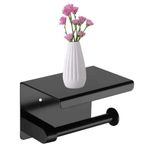 Black Toilet Paper Holder with Shelf Wall Mount Toilet Roll Holder with Storage Bathroom Accessories Tp Holder with Phone Shelf Stainless Steel Material