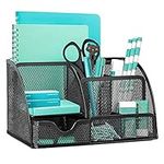 OKPOW Mesh Desk Organiser,Multi-Use Desk Tidy & Pen Holder with 6 storage and 1 Slide Drawer,Stationary Organiser for School,Home,Office desktop supplies (Black)