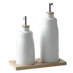 UDQYQ Olive Oil and Vinegar Dispenser Set,420ml&280ml Ceramic Oil and Vinegar Bottles with Bamboo Tray,2PCS Oil Container with Funnel & Labels.
