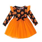 PythJooh Baby Girl Halloween Dress Toddler Kid Long Sleeve Halloween Pumpkin Floral Tulle Dress for 0-4Years