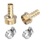 sourcing map Brass Hose Barb Fitting Straight 10mm x G1/2 Male Thread Pipe Connector with Stainless Steel Hose Clamp, Pack of 2