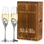 Personalised Champagne Glasses Wedding Gifts - Set of 2 Mr and Mrs Champagne Flutes with Engraved Wooden Gift Box Silver Crystal Champagne Glass Anniversary Bridesmaid Engagement Gifts for Bride Groom