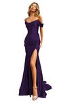 SanLIJIAN Women's Satin Side Split Mermaid Evening Dress Off The Shoulder High Slit Pleats Prom Party Gown, Deep Purple, 18