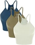 ODODOS Women's Crop Camisole 3-Pack Seamless Rib-Knit Crop Tank Tops, Long Crop, Lint+Nutria+Blue Ashes, Medium/Large