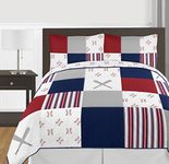 Sweet Jojo Designs Red, White and Blue Baseball Patch Sports Boy Full/Queen Kid Teen Bedding Comforter Set-3 Pieces-Grey Patchwork Stripe