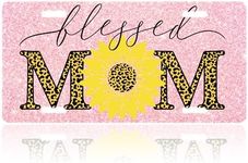 Pink Glitter Blessed Mom License Plate Cover,Sunflower and Leopard Print License Plate Funny Car License Plate Personalized Decoration Novelty Vanity Tag Stainless Steel for Women Men,12.2" X 6.2"