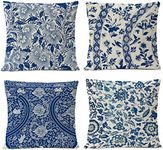 FUNHOM Blue Flowers Pillow Covers 18x18 Set of 4 Leaf Floral Linen Pillow Cover Home Decorative Sofa Leaves Vintage Pillow Cases Cushion Cover