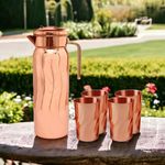 LeCasa - Broc Pitcher 5PC Set | 1 Copper Jug with 4 Copper Glasses | Jug Capacity - 1300ML & Glass Capacity - 315ML Each | 100% Pure Copper with ISO Certification | BPA Free, Rust Free & Eco Friendly