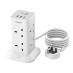 TESSAN Tower Extension Lead with USB C Slots, 8 Way Plug Extension Socket with Switch, Surge Protected Power Strip with 2M Cable for Home, School Supplies