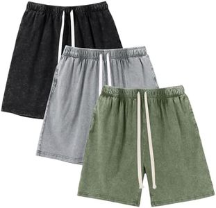 Gihuo Mens Sweat Shorts Cotton Athletic Shorts Vintage Acid Wash Elastic Waist Drawstring Workout Shorts with Pockets(BlackLightGreyArmy-S)