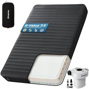 KingCamp PREMIUM DOUBLE Self Inflating Sleeping Pad with Air Pump, 7.5 R-Value Air & Foam Camping Mattress 2 Person, 3" Thick Full Size Double Insulated Sleeping Pad for Car Camp Tent, PVC Free, Black