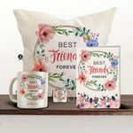 JHINGALALA Printed Combo Set Best Friend Forever Printed Satin Cushion Cover of 12 x 12 inch with Filler, Mug, Key Ring, and Greeting Card, White