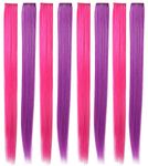 Rhyme 21'' 8PCS Pink Purple Hair Pieces for Girls Princess Party Highlight Colored Hair Extensions Clip in/On for Girls and Woman Wig Pieces (Purple,Pink)