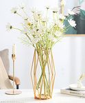 FSyueyun Gold Flower Glass Vases for Centerpieces with Premium Metal Rack, Modern Large Vases Home Decor Living Room or Wedding Centerpiece (11 Inches Tall)