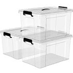 Cetomo 45L*3 Plastic Storage box, Tote box,Organizing Container with Durable Lid and Secure Latching Buckles, Stackable and Nestable, 3Pack, clear with Black Buckle