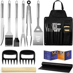 Deluxe Stainless Steel BBQ Grilling Tool Set with Apron - Complete Outdoor Barbecue Accessories Kit for Men and Women - Perfect for Picnics, Parties, and Home Grilling