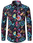 LucMatton Men's Stylish 70s Paisley Pattern Printed Linen Long Sleeve Button up Shirt Multicolor XX-Large