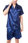 Men's Short Sleeve Satin Pyjama Set with Shorts (Navy Blue with White Piping,Large)