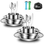 Odoland Camping Cutlery Set - Stainless Steel Tableware Mess Kit Plate Cup Fork Spoon, 7 in 1 Flatware Kit with Mesh Bag - Dinnerware Utensils Set for Outdoor Camping Hiking and Picnic for 2 People