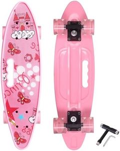 Nattork 23.5 Inch Mini Cruiser Girls Skateboard with Portable Handle Classic Retro Plastic Complete Kids Skateboard for Boys Youths Beginners (Pink Castle)