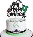 Xsstarmi 1 Pack Happy 9th Birthday Cake Topper Glitter Video Game Cake Pick Gamepad Game On Controllers Nine Cheers to 9 Years Cake Decoration for Game Theme Happy 9th Birthday Party Supplies Black