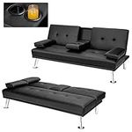 POWERSTONE Faux Leather Futon Sofa Bed Convertible Folding Couch for Living Room Sectional Sleeper Sofa for Small Space with Cup Holder and Removable Armrest (Black)