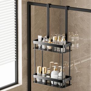 Over Shower Door Caddy, Rustproof Hanging Organizer with 2-Tier Rack and Hooks, Holds Body Wash, Shampoo, Soap, Razor, Towel, Bathroom Shower Storage Rack Basket, Black，No Drilling，Rustproof