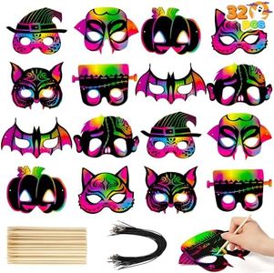 JOYIN 32 máscaras para arañazos de Halloween con 8 diseños para artes y manualidades, libro de actividades, truco o trato, regalos de fiesta de Halloween, suministros para fiestas de Halloween