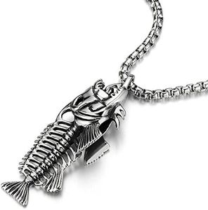 COOLSTEELANDBEYOND Grande Pescado Esqueleto óseo, Collar con Colgante Hombre Muchachos Niños, Acero, Gótico, con 75cm Cadena de Trigo