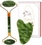 Gua Sha & Jade Roller Gift Set, Natural Green Face Roller and Gua Sha Stone Set, Face Massager Jade Stone Facial Roller for Eye Puffiness, Skin Tightening, Rejuvenation of The Face and Neck