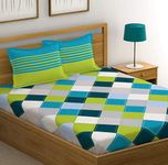 Huesland by Ahmedabad Cotton 144 TC Cotton Bedsheet for Double Bed with 2 Pillow Covers - Blue, Green and Grey