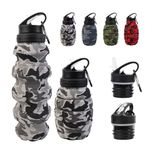 KUNHANG Collapsible Travel Water Bottle, Reuseable Silicone Foldable Water Bottles for Gym Camping Hiking, Portable Leak Proof Sports Water Army camouflage Bottle with grenade Carabiner (Grey)