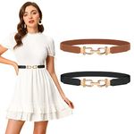 LEACOOLKEY 2 Pack Women Skinny Elastic Belt for Dresses,Thin Retro Stretch Waist Belt with Golden Buckle,Black+Brown,Fit waist size 27"-32"