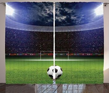 Ambesonne Sports Decor Collection, Soccer Ball on Stadium Arena in Night Illuminated Bright Spotlights Cheering Fans Image, Living Room Bedroom Curtain 2 Panels Set, 108 X 84 Inches, Navy Green