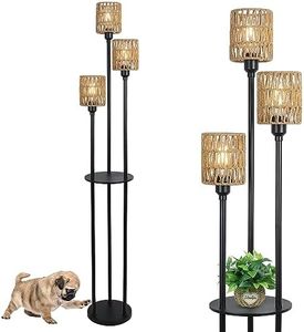 Rayofly Lampadaire Boho, lampadaire 3 lumières en rotin avec étagère, lampadaire Industriel avec Interrupteur à Pied et Abat-Jour en rotin, lampadaire Haut pour Salon, Chambre à Coucher et Bureau