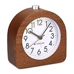 Navaris Wood Analog Alarm Clock - Half-Round Battery-Operated Non-Ticking Clock with Snooze Button and Light - Dark Brown
