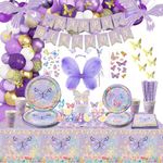 213 Pcs Purple Butterfly Decorations - Include Plates, Cups, Tablecloth, Balloon, Butterfly Birthday Banner, Butterfly Stickers, Butterfly Wing Set for Butterfly Birthday Decorations Supplies