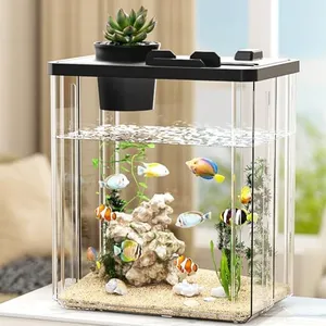 GarveeHome Small Fish Tank 2 Gallon, Glass Betta Fish Tank Desktop Mini Fish Bowl with Pump, LED Light, Simulated Water Plants for Home Office Tabletop Decoration