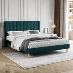 Zoophyter Upholstered Platform Bed Frame Queen Size with Headboard Mattress Foundation Strong Wooden Slats Support Easy Assembly No Box Spring Needed Green Velvet