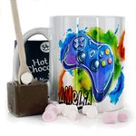 Personalised Mug and Belgian Milk Chocolate/Hot Chocolate Stirrer Marshmallow Gift Set, Customised with Name / Initials, (11oz) White, Yellow, Blue, Black, Pink Mug with Blue Gaming Controller Design