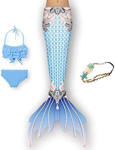 XNSGAO 4PCS Mermaid Tails for Swimming for Girls Kids Mermaid Swimsuit Costume Princess Bikini Set Bathing Suits, E315, 7-8 Years