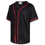 Pullonsy Blank Baseball Jersey for Men Women Full Button Up Short Sleeves Shirts Hip Hop Hipster Sports Uniforms, Red Stripe-black Jersey, Medium